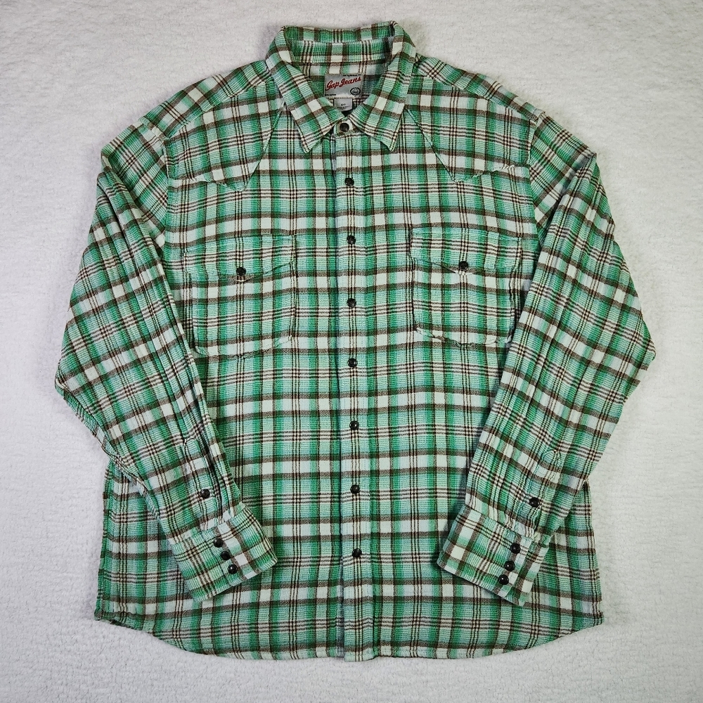 GAP Plaid Western Pearl Snap Flannel VINTAGE Shirt Mens XXL Green Button Up